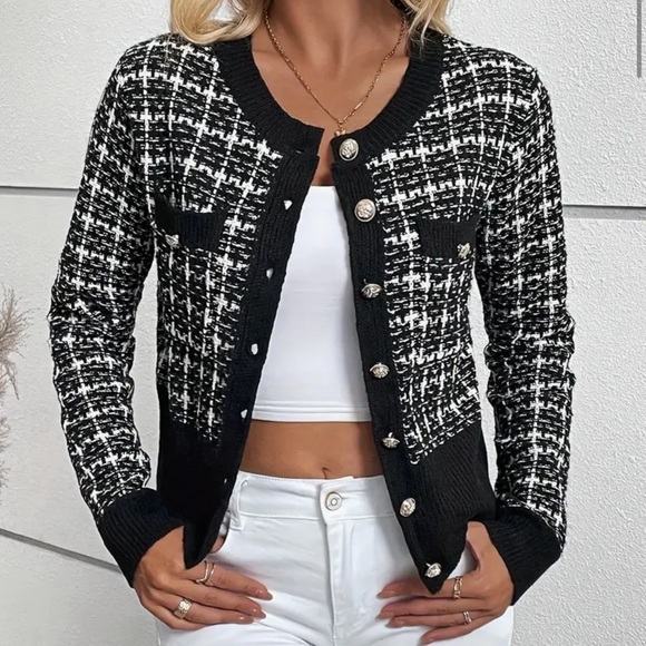 182. Plaid Pattern Button Front Cardigan, Elegant Color Block Long Sleeve - Picture 2 of 3